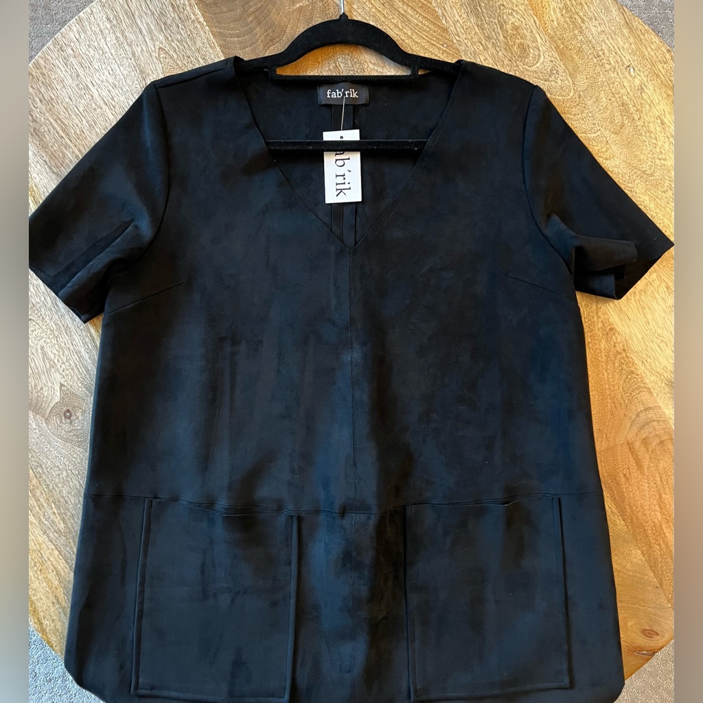 Fab’rik Black Micro Suede V-Neck Dress, Size L. Nwt.
